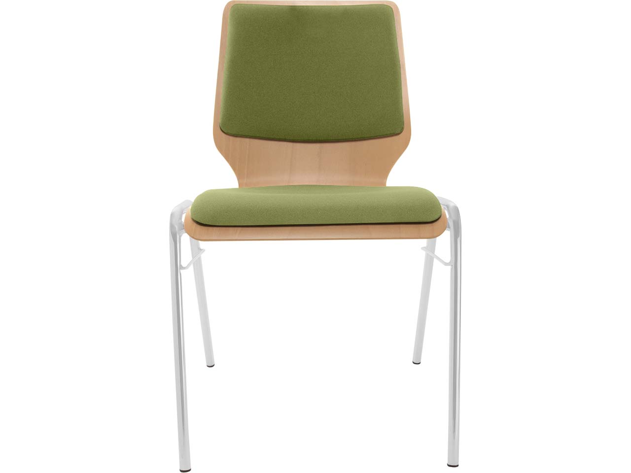 Besucherstuhl "A2" Buche lackiert, Gestell silber, Steg, Sitz- und Rückenpolster hellgrün