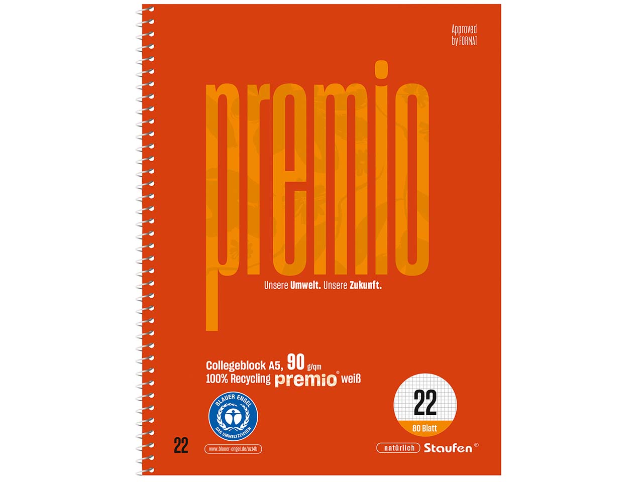 Staufen "Premio" Collegeblock DIN A5 kariert, 80 Blatt, 90 g/m², Lineatur 22