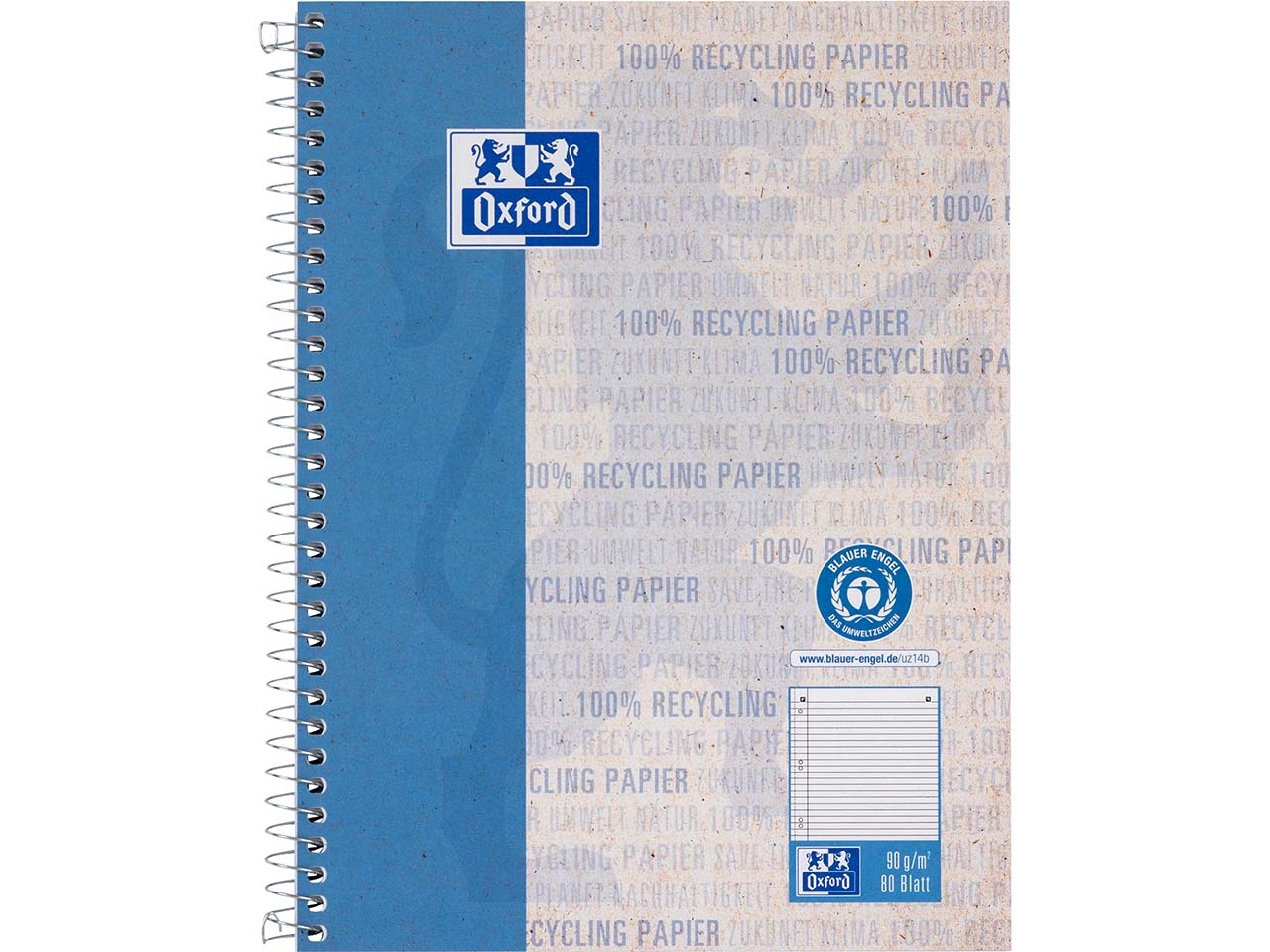 OXFORD Recycling Collegeblock A5+, 80 Blatt, liniert mit Rand links, 90 g/m²