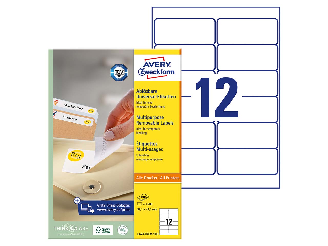 1.200 Avery Zweckform Universaletiketten 99,1 x 42,3 mm, A4, wiederablösbar