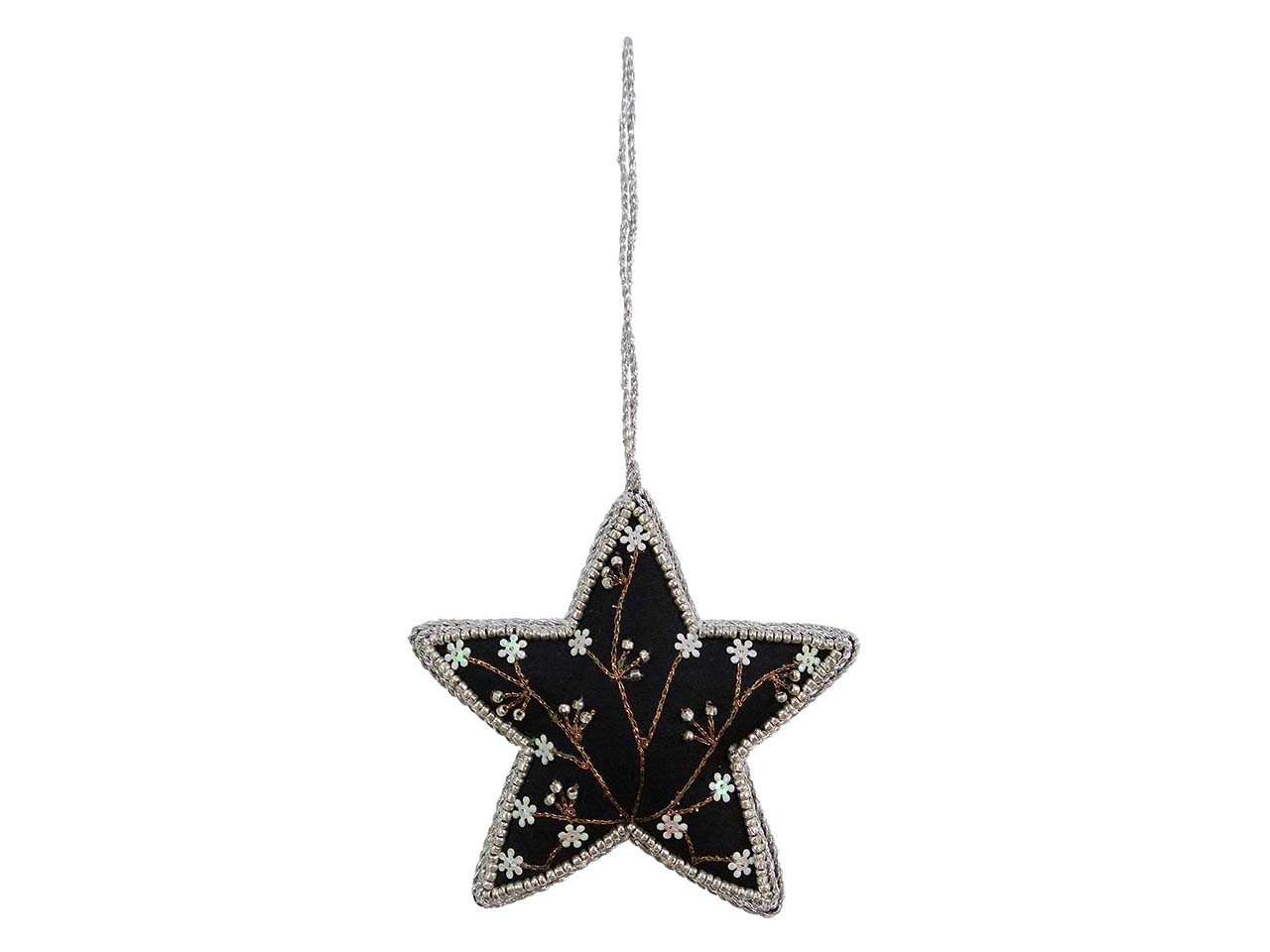 Weltpartner Dekoanhänger "Stern" aus Baumwolle schwarz mit Glasperlen und Kupferstickerei