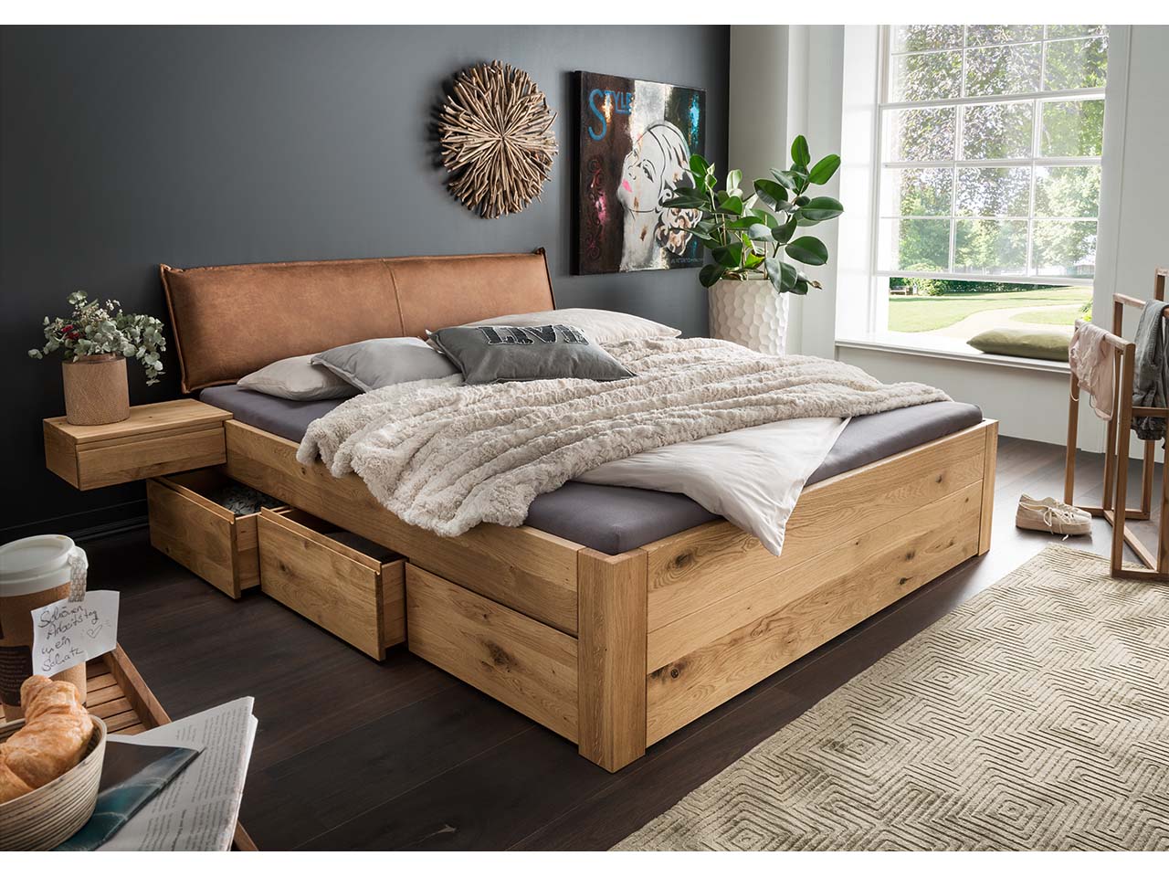 Forestales Massivholzbett "Cleveland" 180 x 200 cm, Stoffkopft. VI braun, Schubladen, Eich