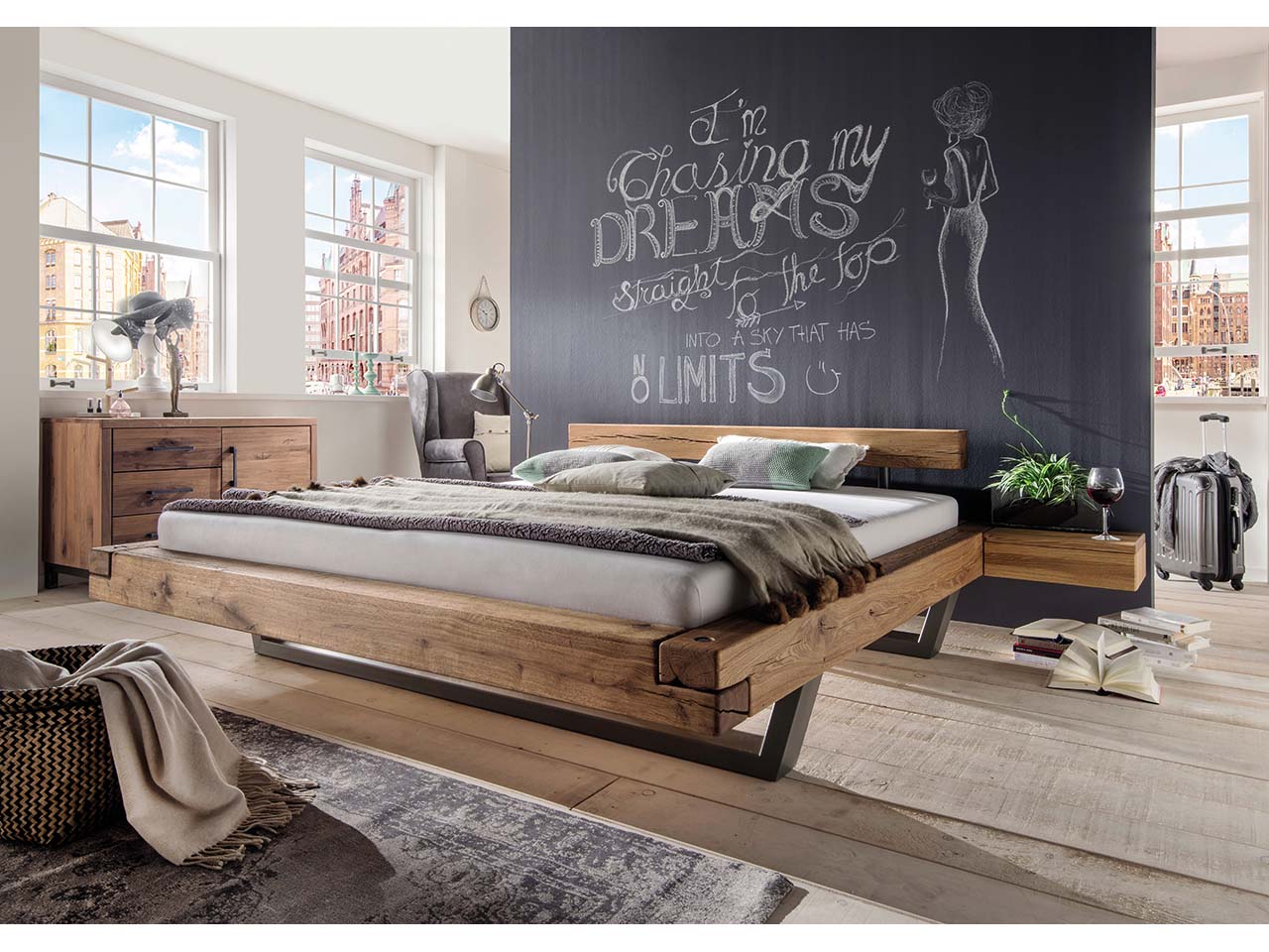 TPT Schwebebett "Aiolos" inkl. Kopfteil, 160 x 200 cm, Wildeiche geölt