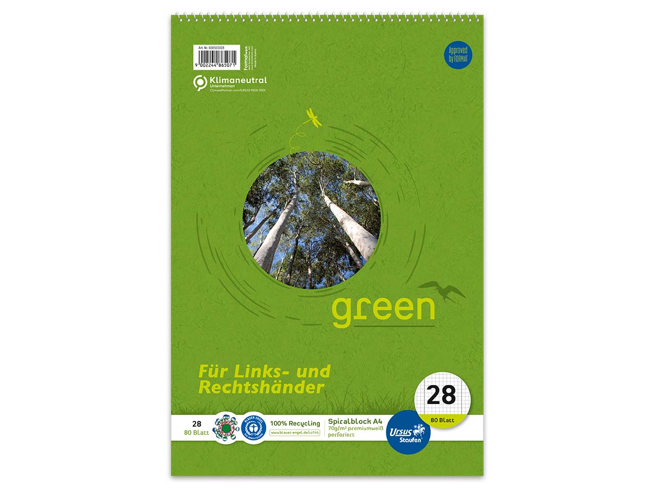 Staufen Notizblock 'green' DIN A4 kariert, 80 Blatt, 70 g/m², mit Kopfspirale, Lineatur 28