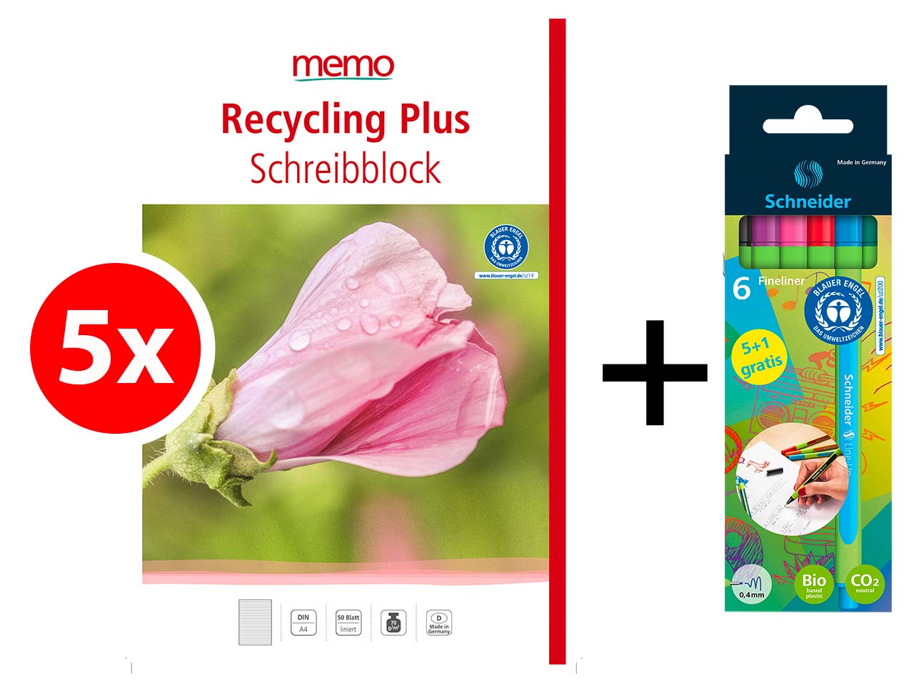 5 memo Schreibblöcke A4 liniert 50 Blatt + Schneider Fineliner 'Line-Up' 6er Etui