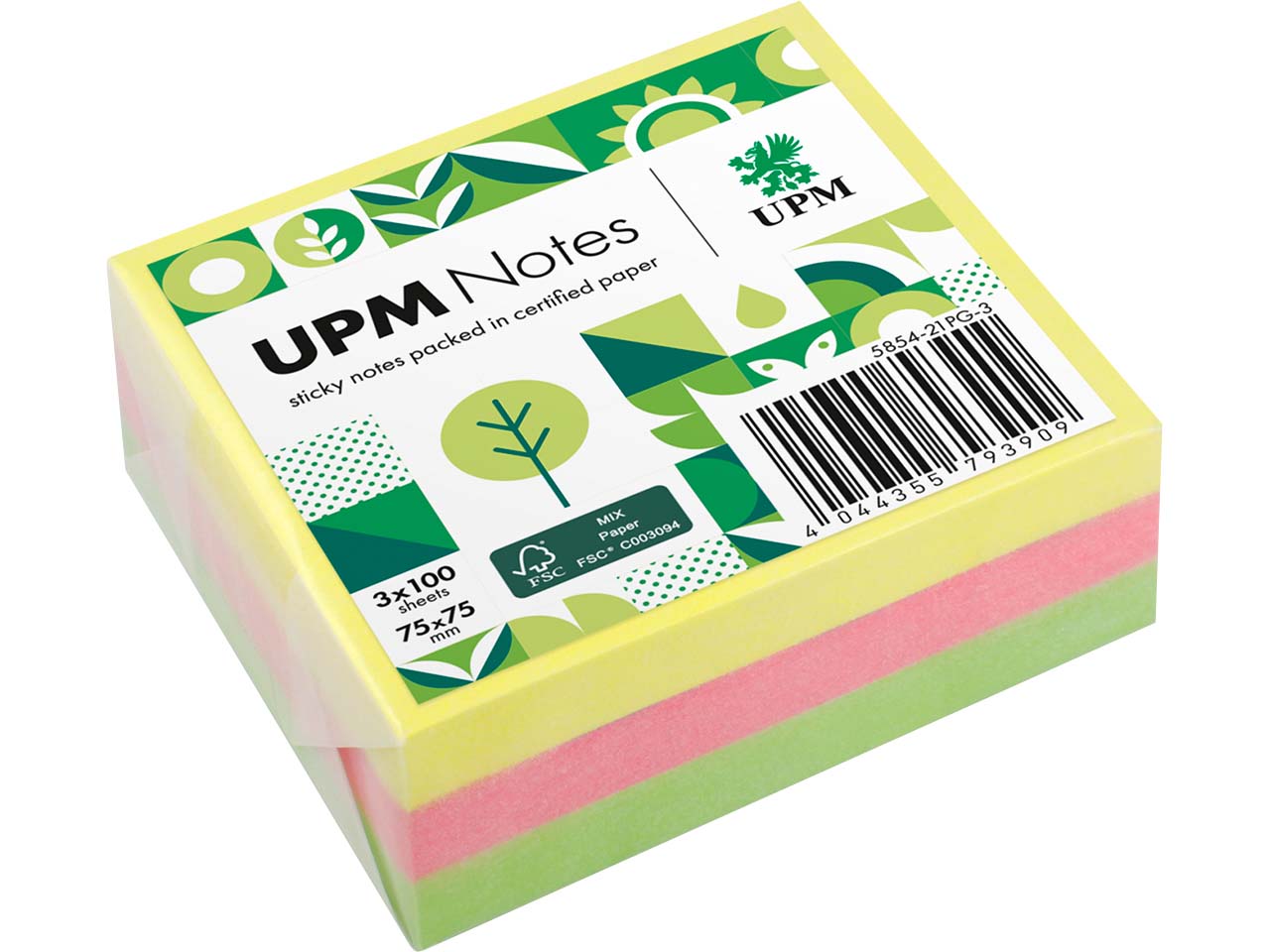 UPM Super Sticky Haftnotizen "Brillantmix" 75 x 75 mm, 3 Blöcke, farbig sortiert