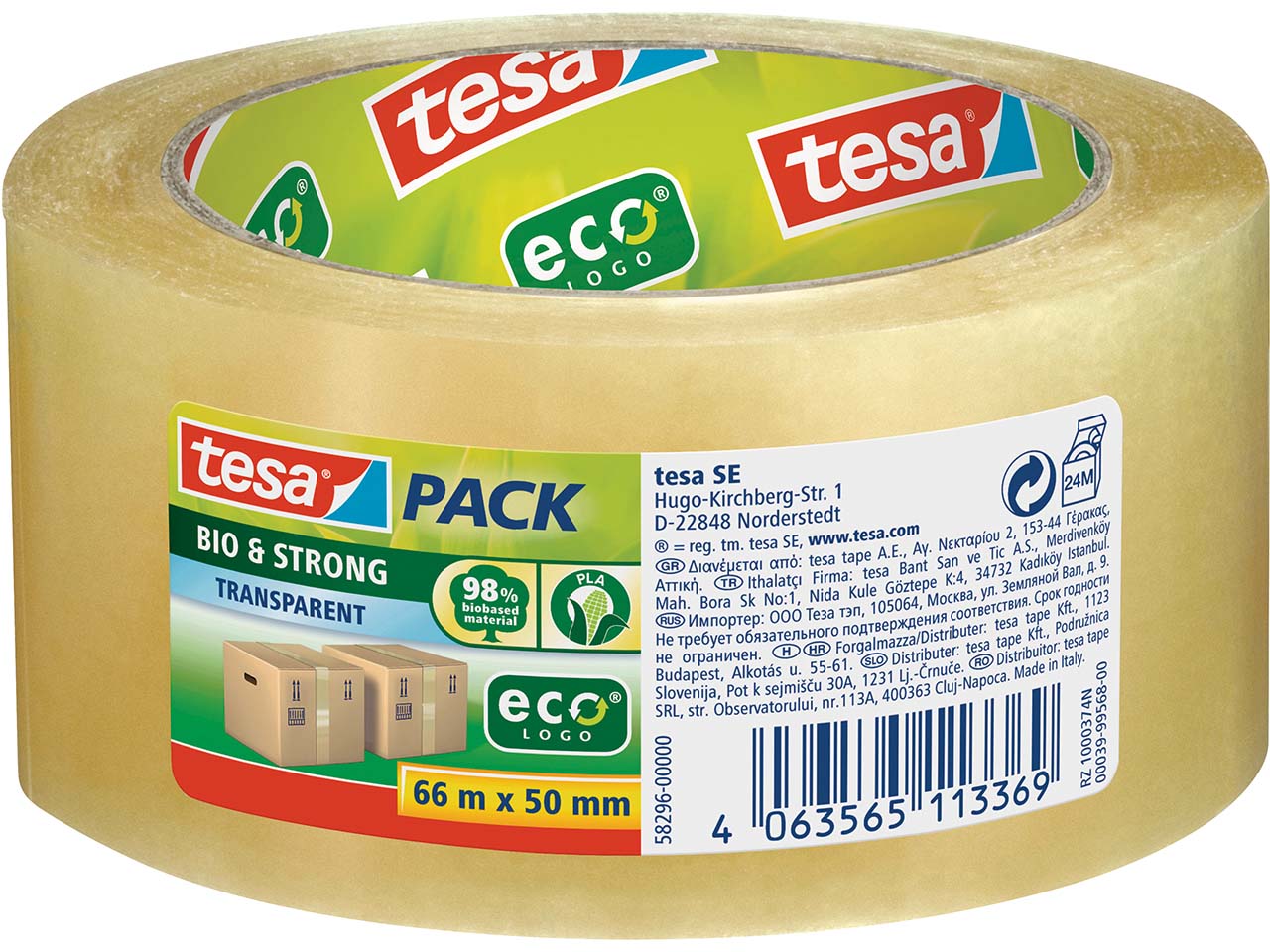 tesa Packband 'tesapack Bio & Strong ecoLogo' aus Bio-Kunststoff, 66m x 50mm