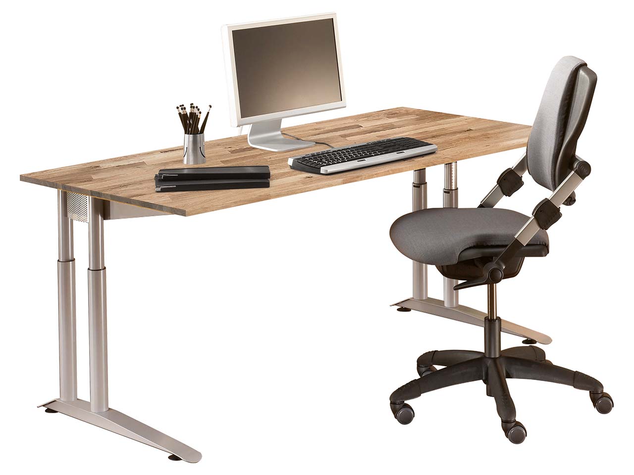 Schreibtisch "CONTACT Pure" höhenverstellbar, 160 x 80 cm, silber, Eiche geölt