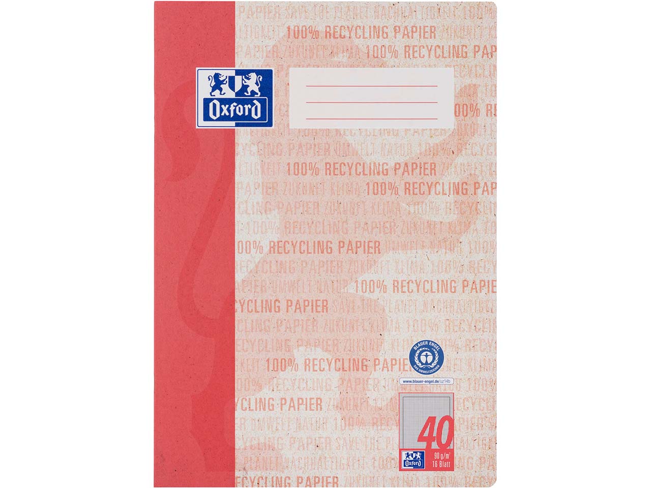 OXFORD Recycling-Schulheft A4, 16 Blatt, Lineatur 40 (kariert 5 mm mit Rahmen), 90 g/m²