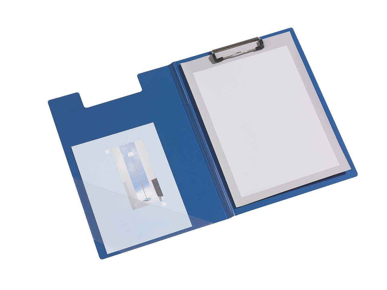 Klemmbrettmappe blau für Format A4 aus PP, mit  Dreiecks-Klarsichttasche