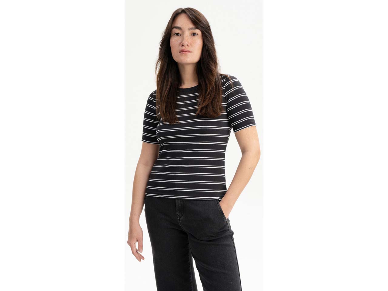 MELA Bio-Damen-Ripp-T-Shirt 'JASLEEN' mit Rundhalsausschnitt, schwarz/weiß, Gr. M