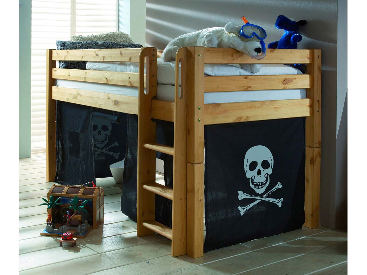 Hochbett "Infanskids" halbhoch, B90xT200xH117 cm, Leiter gerade, Kiefer geb./geölt