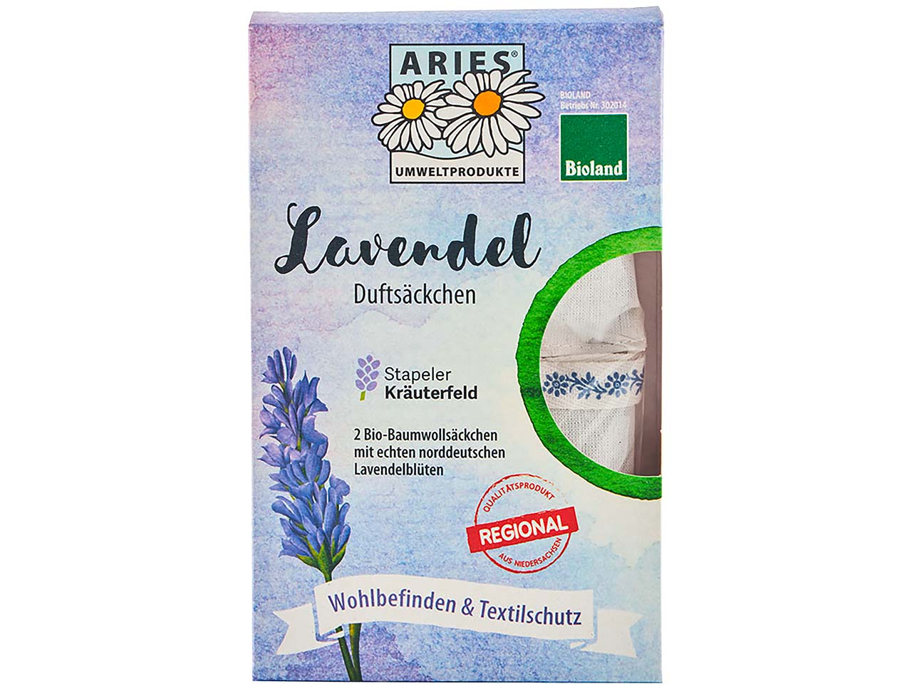 ARIES 2 Stapeler Bio-Lavendel-Duftsäckchen mit norddeutschem Lavendel