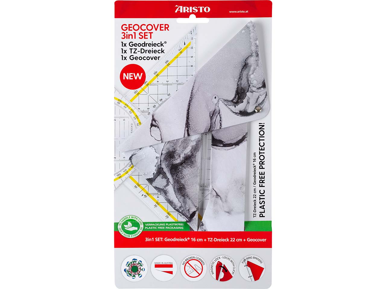 ARISTO 3er Set Geocover white&grey, Geodreieck® 16 cm und TZ-Dreieck 22,5 cm