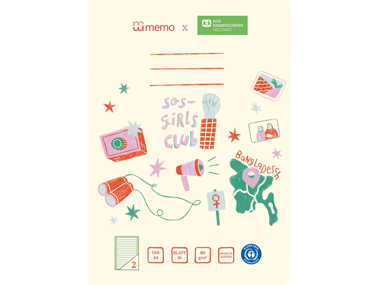 memo x SOS-Kinderdörfer weltweit Schulheft DIN A4, 16 Blatt, Lin. 2, Kontrastlineatur
