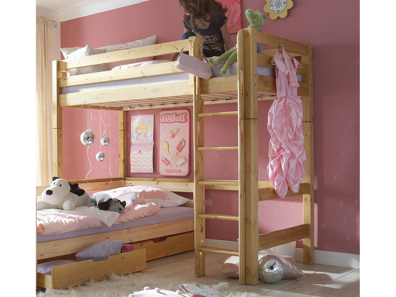 Hochbett "Infanskids" hoch, 90x200 cm, Höhe 180 cm, Leiter gerade, Kiefer lackiert