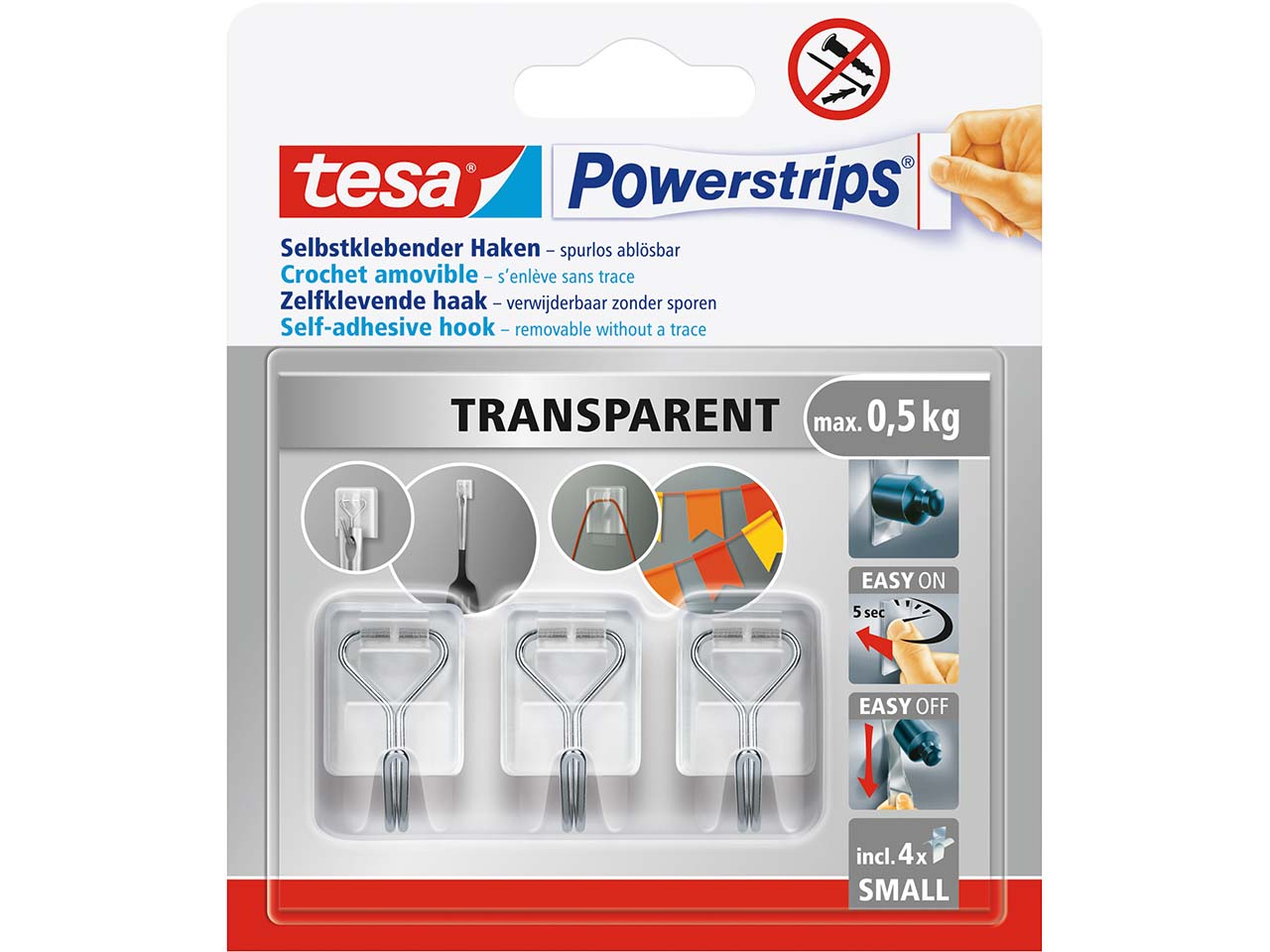 tesa Selbstklebende Draht-Wandhaken "Powerstrips" bis 0,5 kg, transparent, 3er-Pack