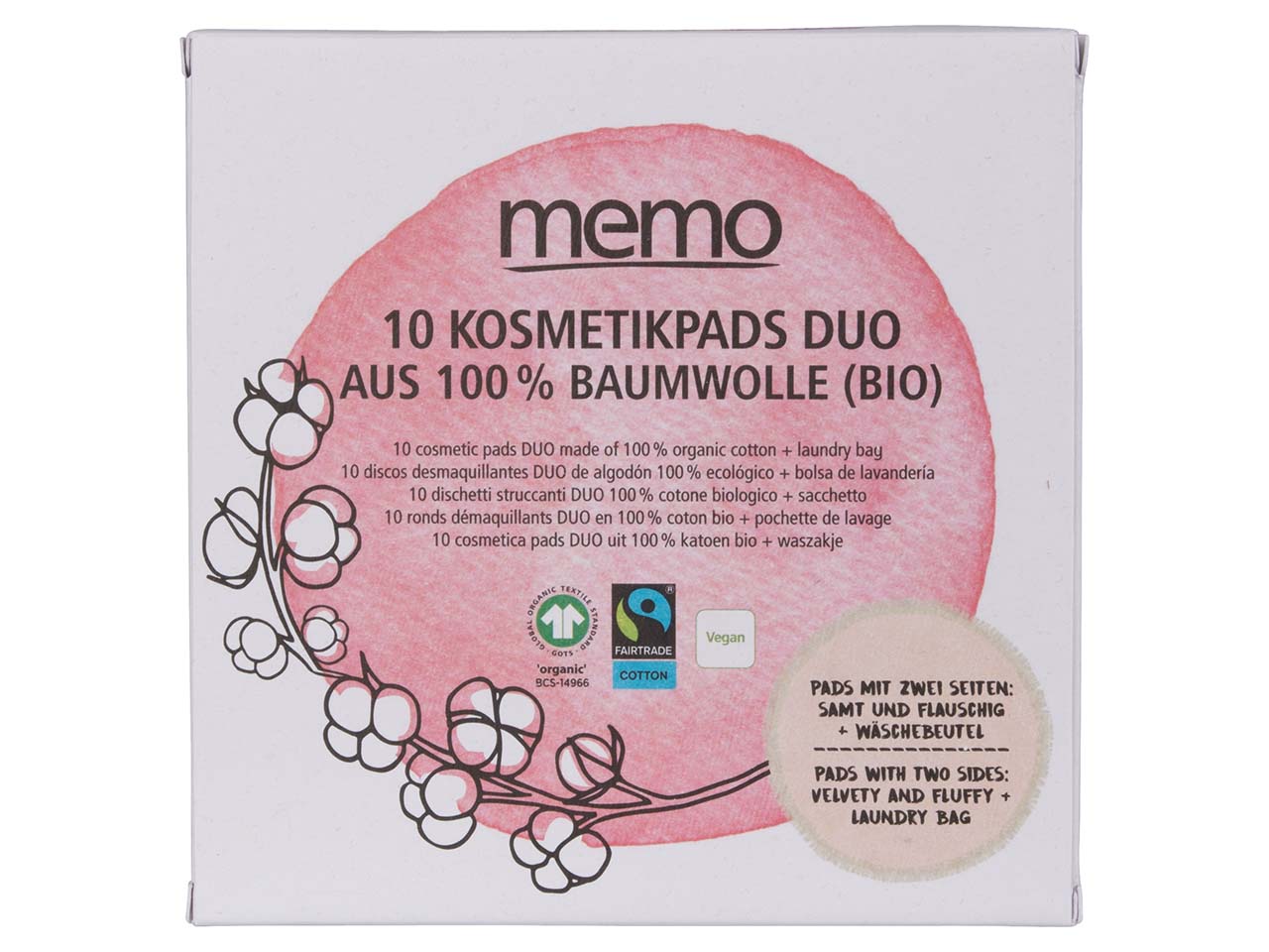 10er-Pack memo Bio-Baumwoll-Kosmetikpads DUO inkl. Wäschebeutel