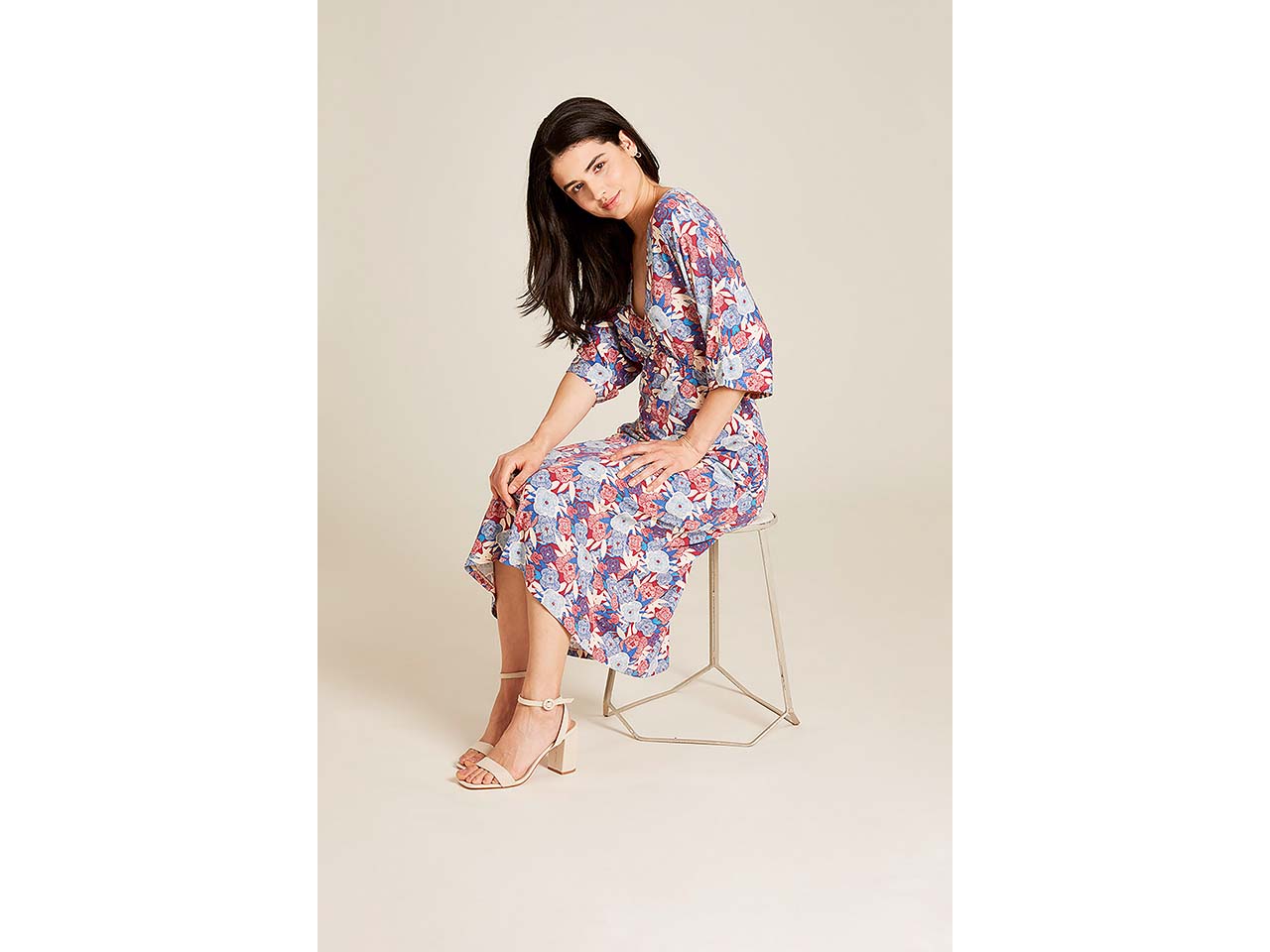 tranquillo Damen-Midi-Kleid mit weiten 3/4-Ärmel, blue bloom, Gr. S
