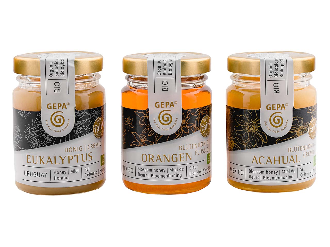GEPA Bio-Honig 'Trio', Eukalyptus, Orange und Acahual, 3 x 125 g