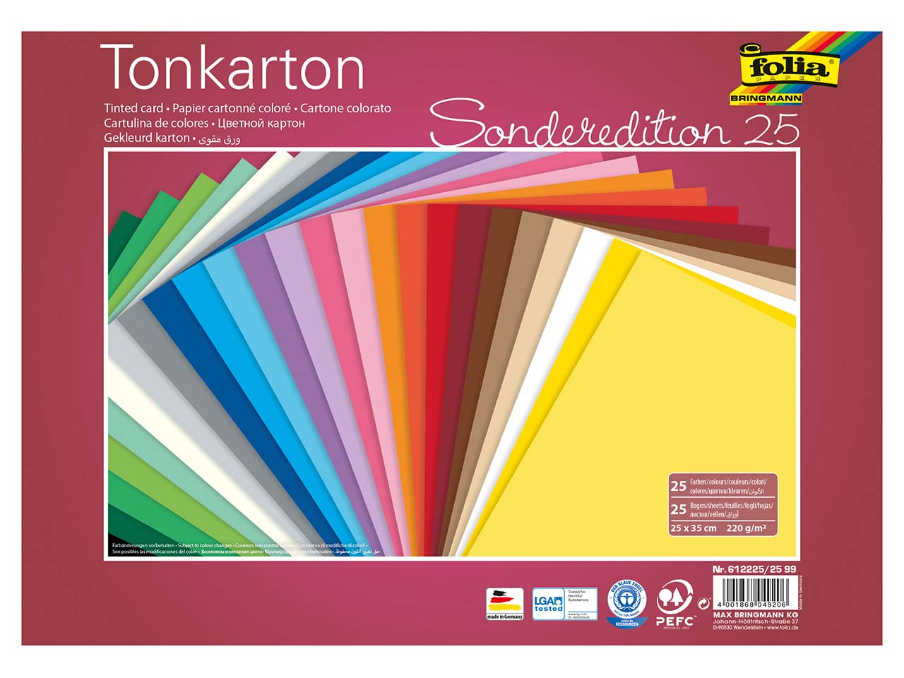 folia Tonpapier, 220 g/m², sortierte Farben, 25 x 35 cm, 25 Bogen