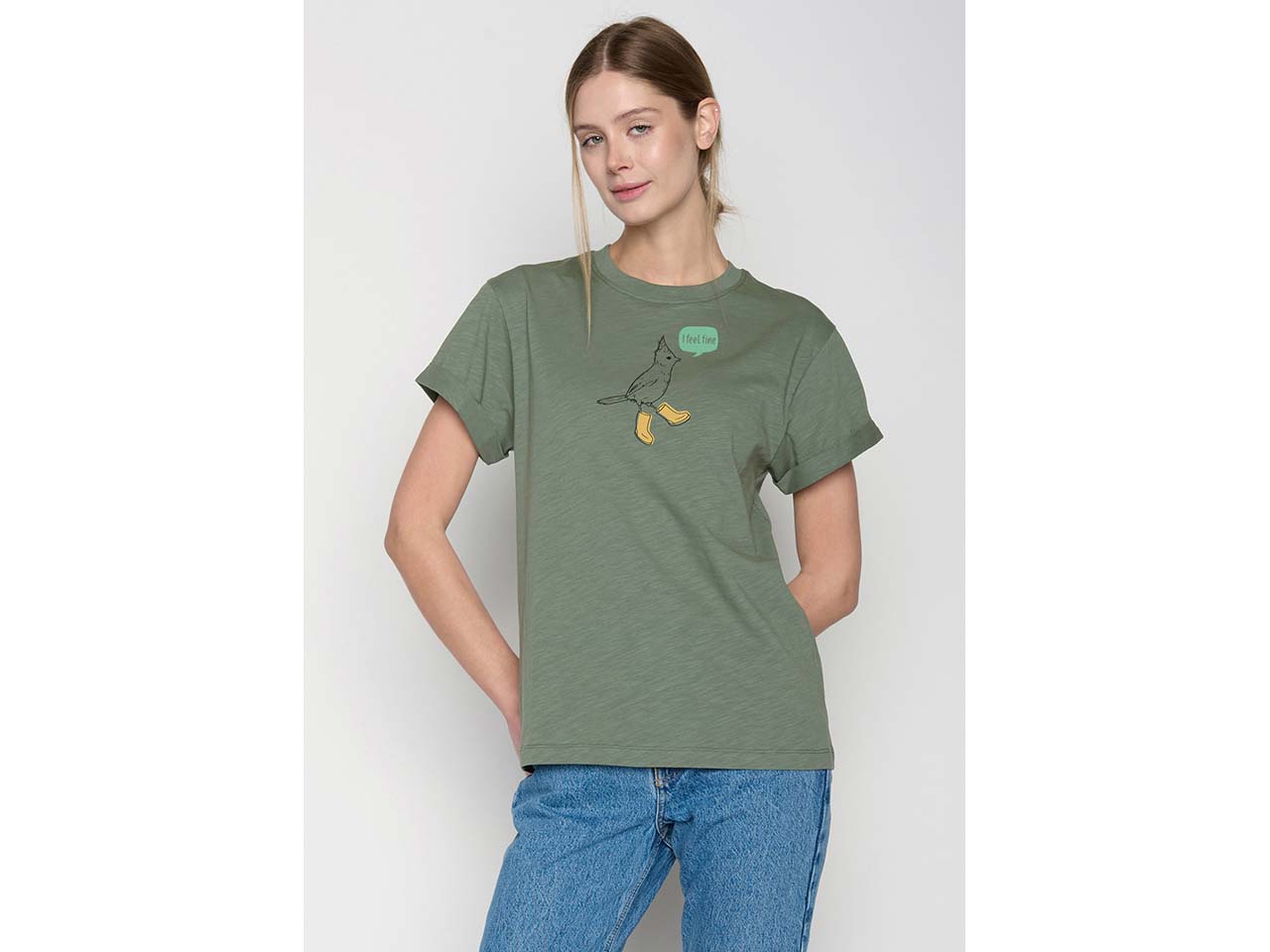 GREENBOMB Bio-Damen-T-Shirt "Bird Fine" mit Rundhalsausschnitt, moos grey, Gr. M
