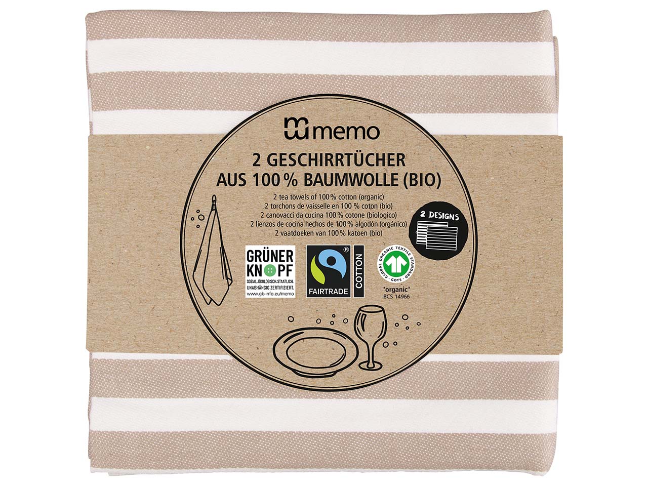 2 memo Geschirrtuch aus Bio-Baumwolle, 50 x 70 cm