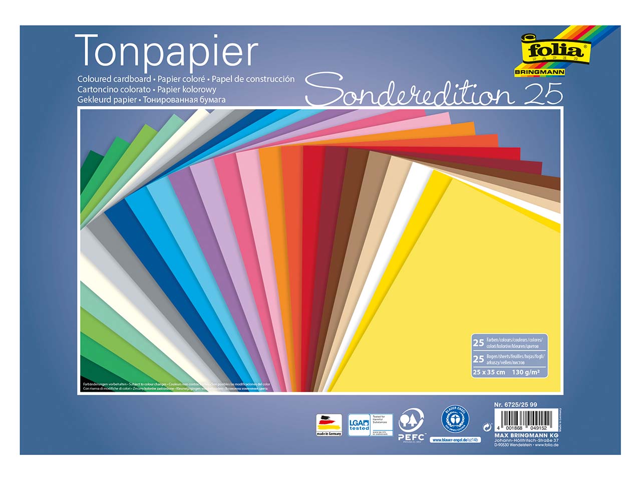 folia Tonpapier, 130 g/m², sortierte Farben, 25 x 35 cm, 25 Bogen