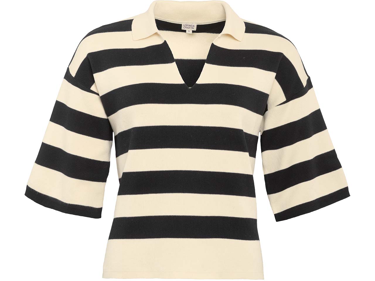 Living Crafts Bio-Damen-Strickpullover "ROMY" mit V-Ausschnitt, sandshell/black, Gr. XL