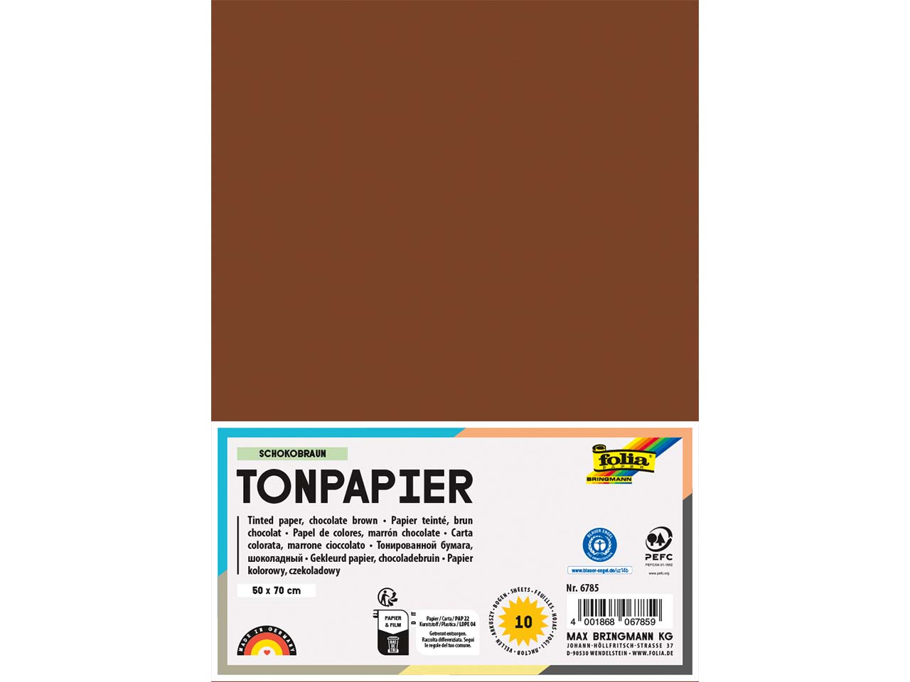 folia Tonpapier, 130 g/m², 50 x 70 cm, 10 Bogen, schokobraun