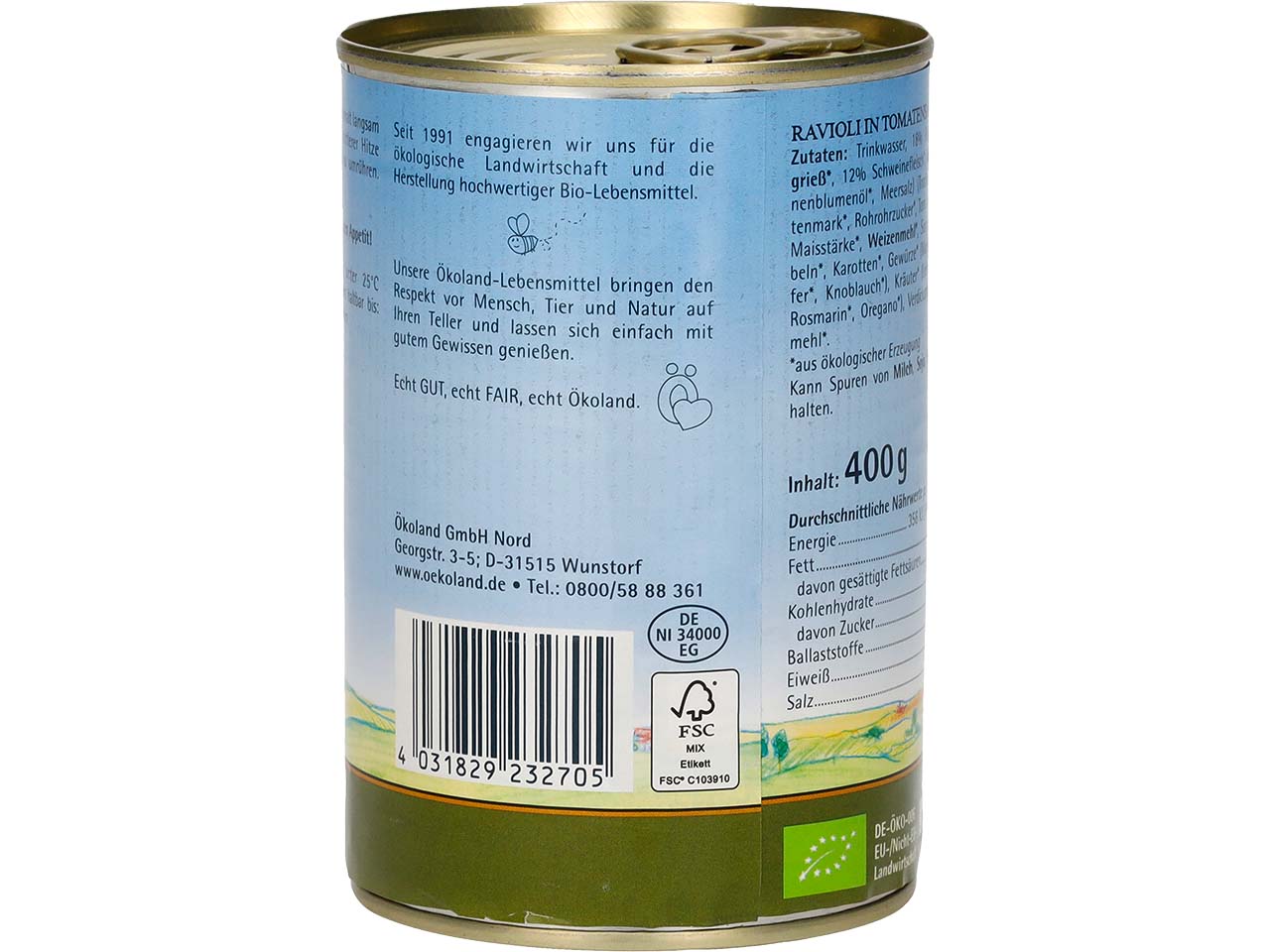 Ökoland Bio-Ravioli mit Fleisch in Tomatensauce, 400 g