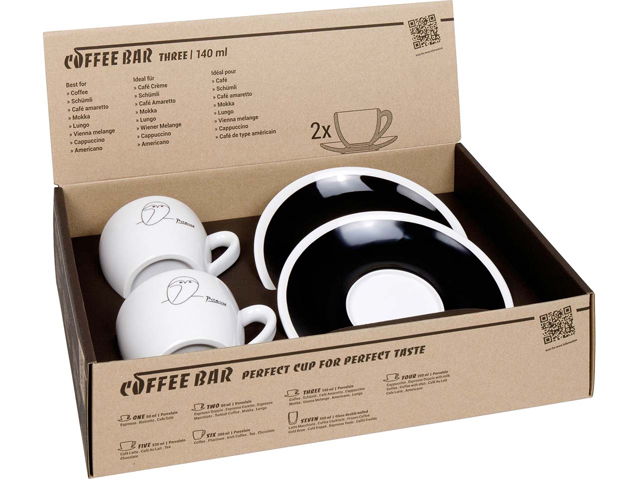 Könitz Kaffeetassen 2er-Pack "CB THREE Picasso Le Chouette" mit Untertassen, Vol.: 140 ml