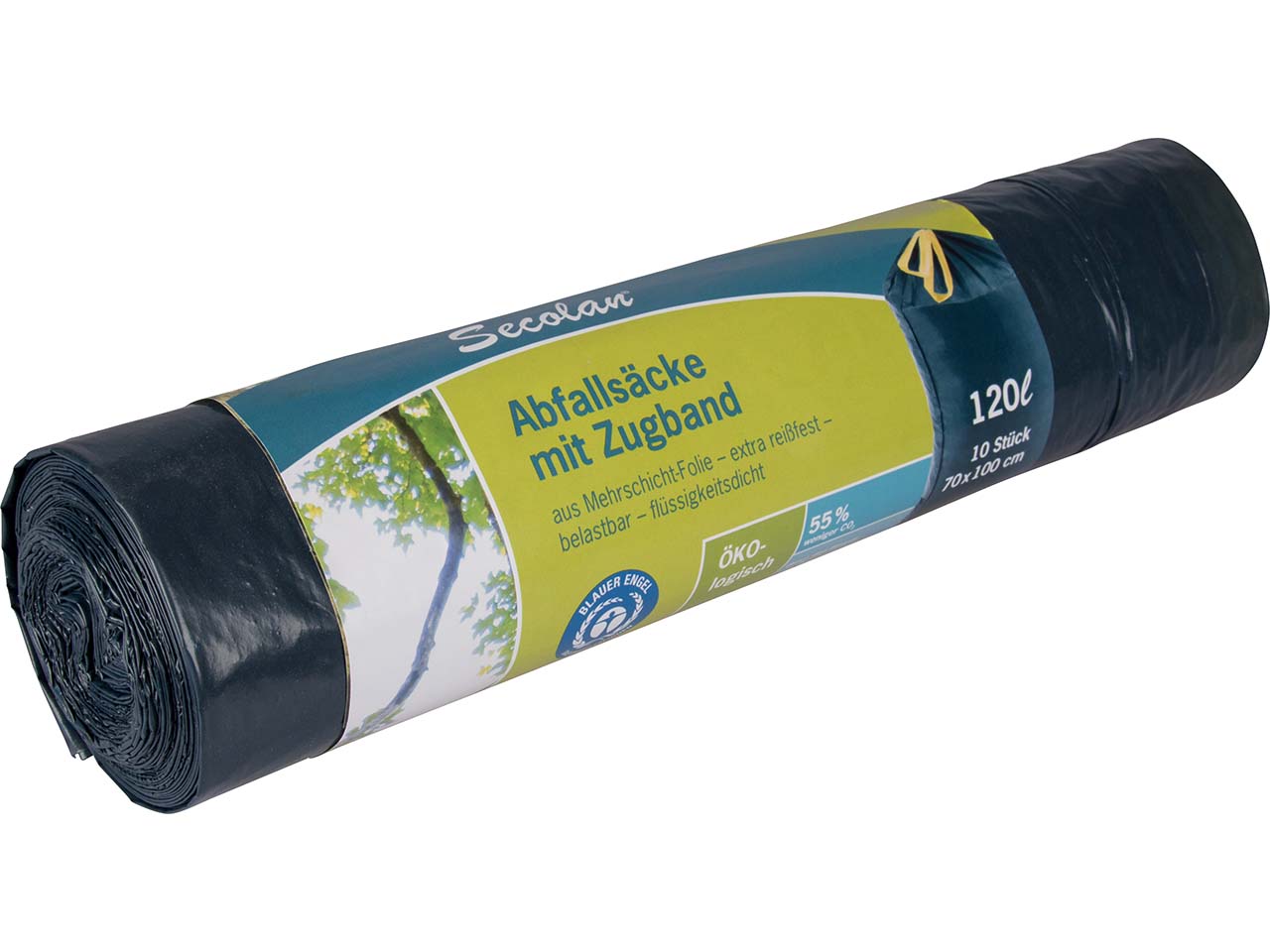 Secolan Mülleimerbeutel mit Zugband, 120 Liter, 10 Stück, 35 µ, blau/schwarz