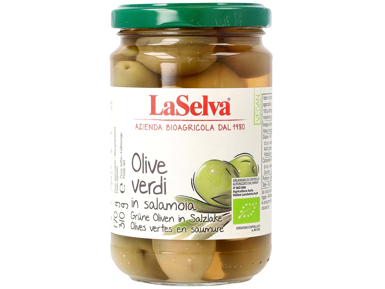 LaSelva Grüne Bio-Oliven in Salzlake, 310 g