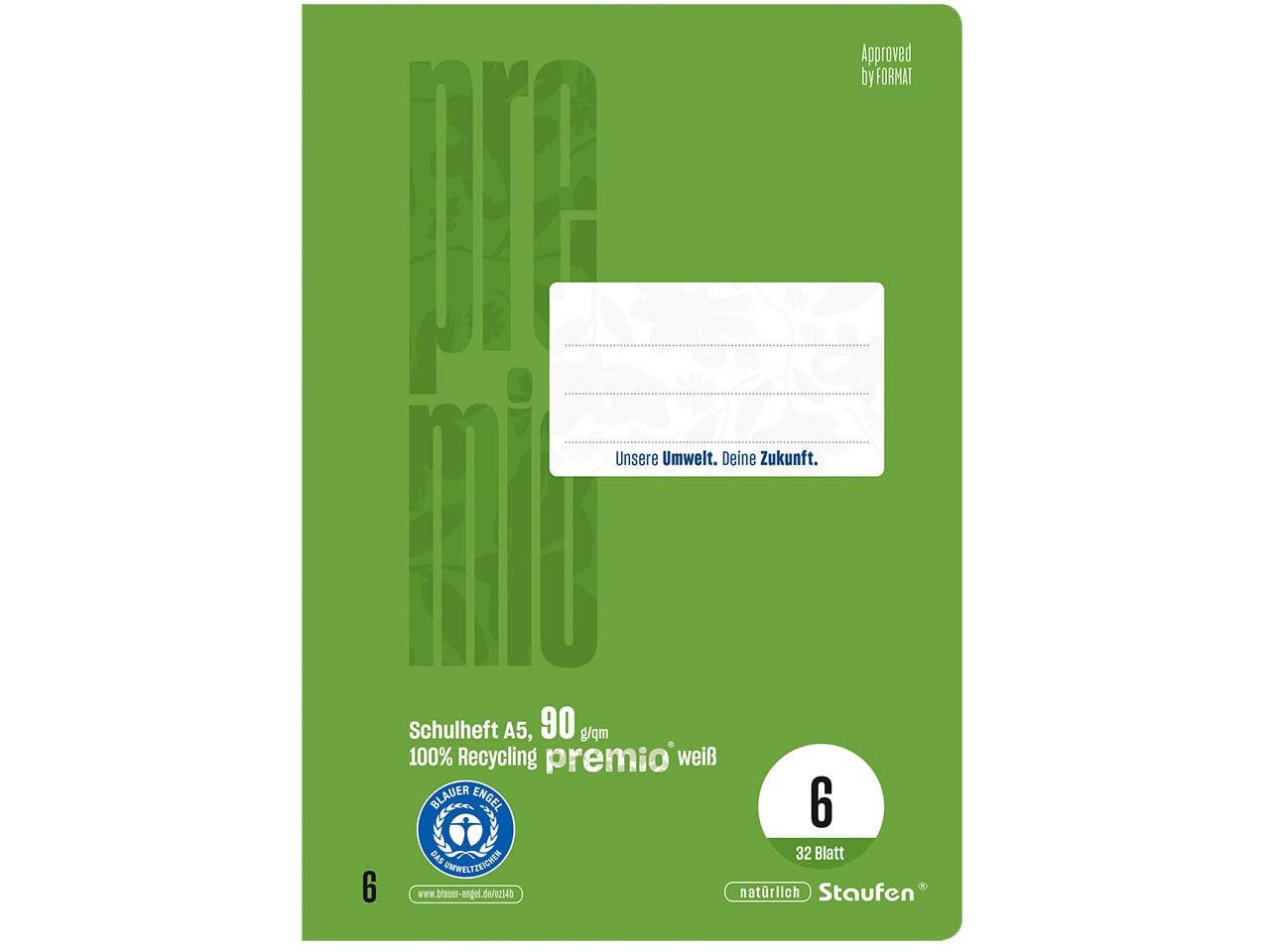 Staufen "Premio" Schulheft DIN A5, 32 Blatt, 90 g/m², Lineatur 6