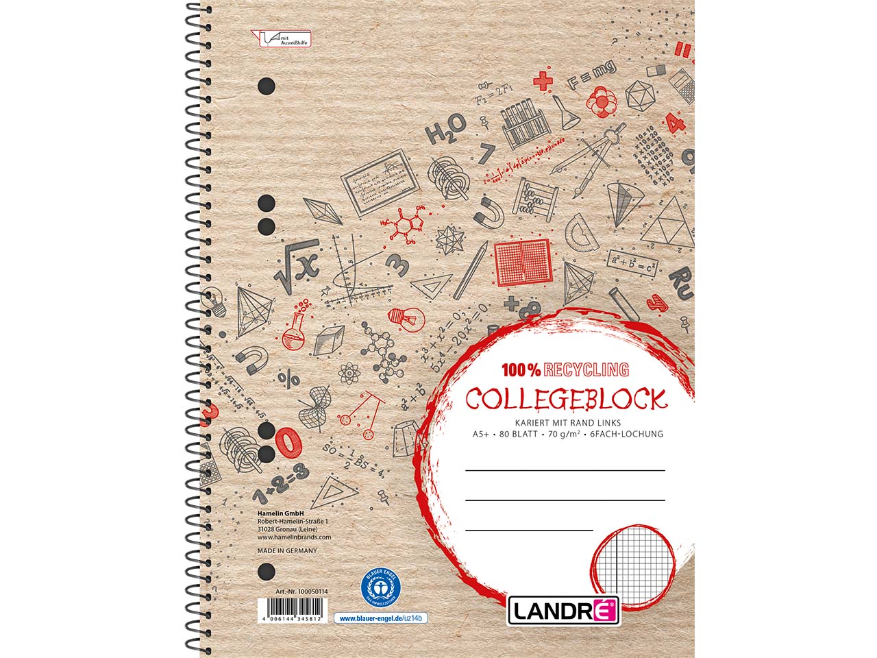 LANDRÉ Recycling-Collegeblock mit Rand links, DIN A5, kariert, 80 Blatt