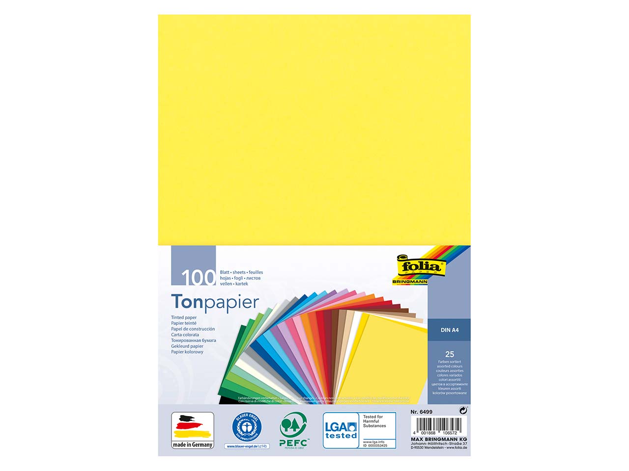 folia Tonpapier DIN A4, 130 g/m², sortierte Farben, 100 Blatt