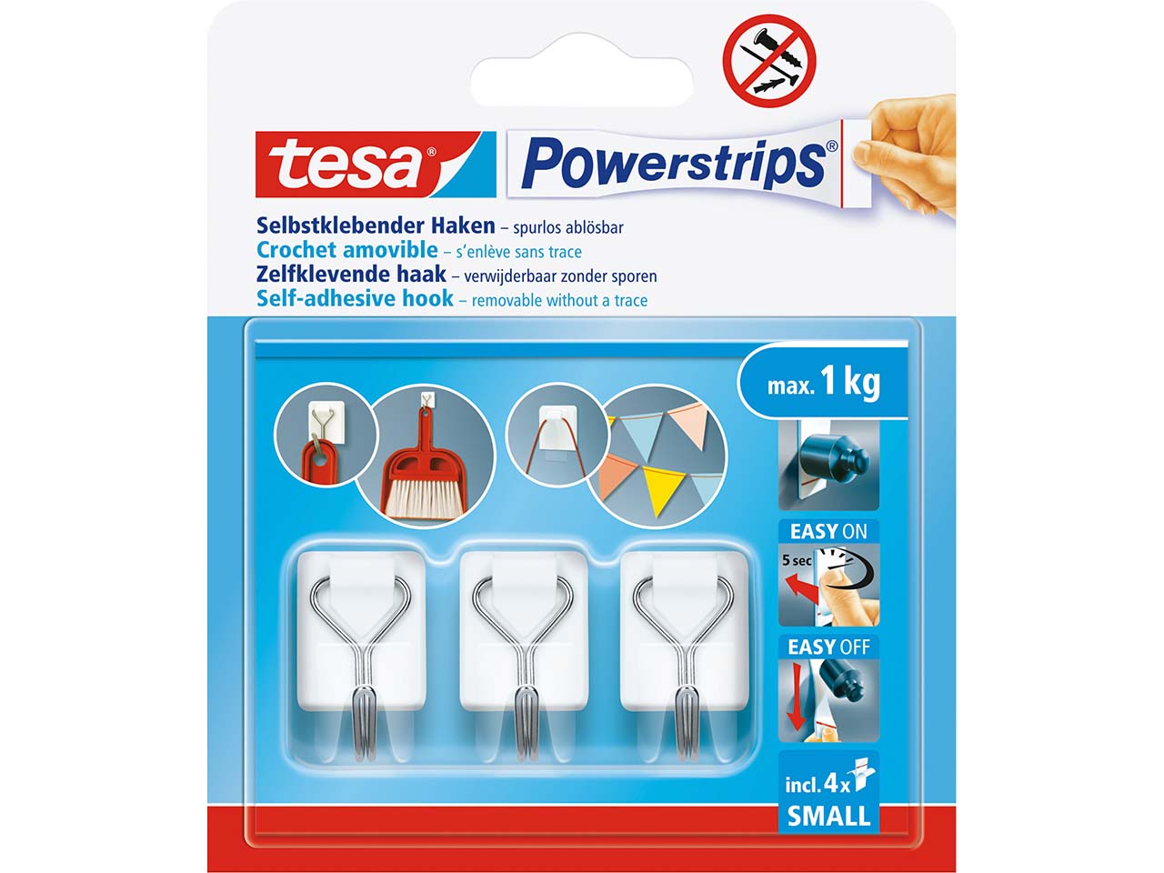 tesa Selbstklebende Draht-Wandhaken "Powerstrips" bis 1 kg, weiß, 3er-Pack