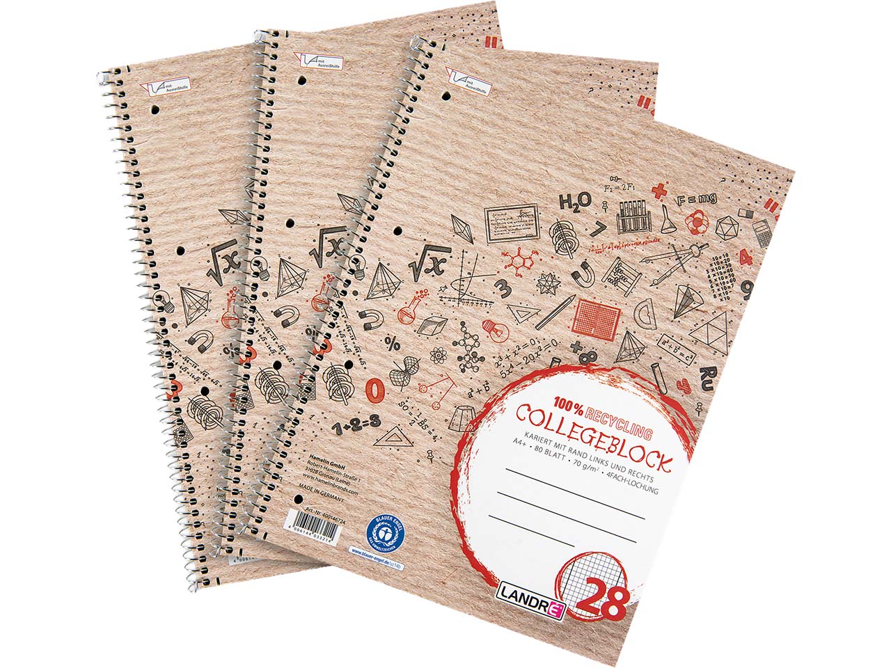 3 Stk. LANDRÉ Recycling-Collegeblöcke mit Rand links und rechts, DIN A4, kariert