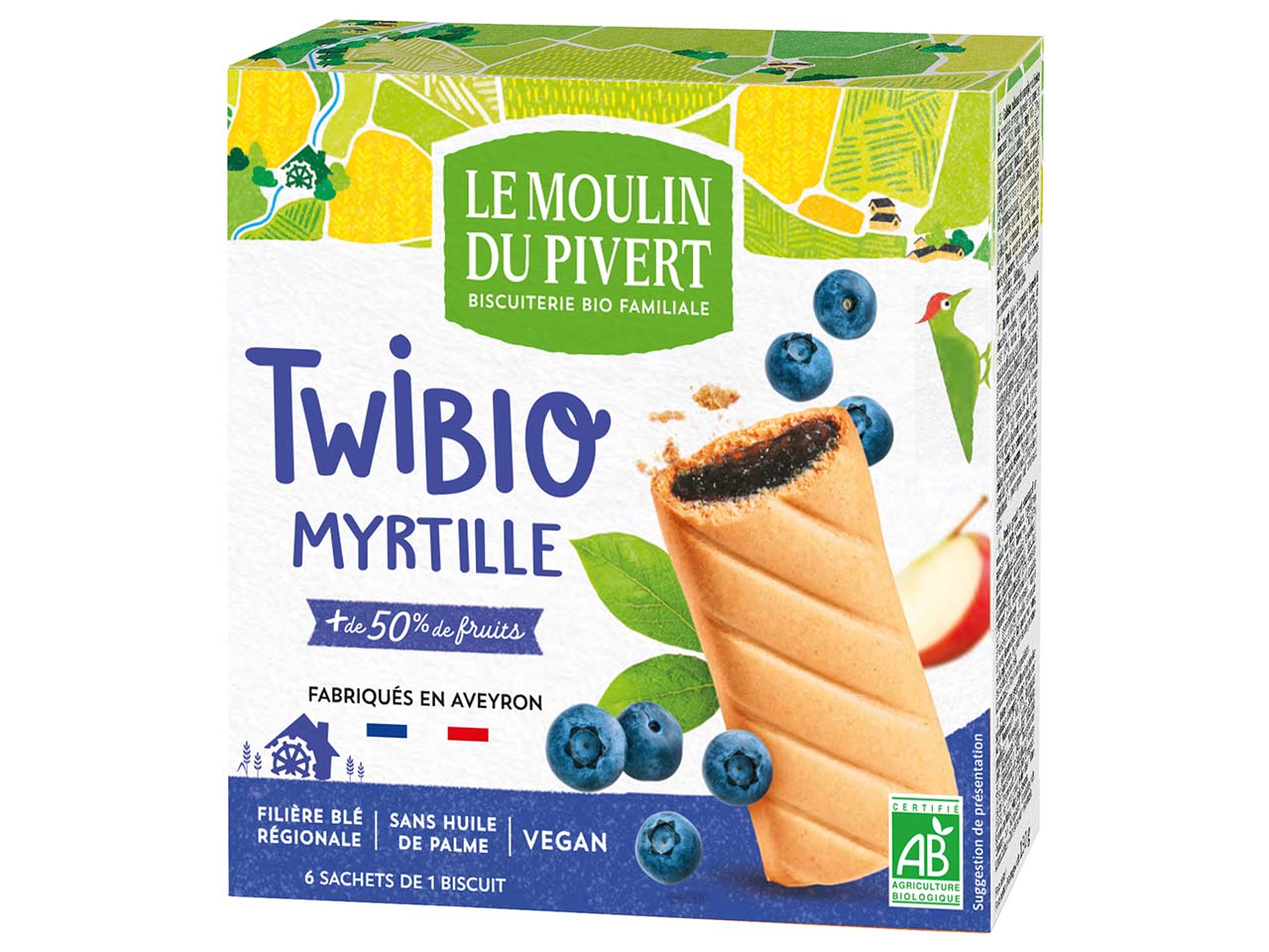 LE MOULIN DU PIVERT Bio-Keksriegel „Twibio“ mit Heidelbeerfüllung, 150 g