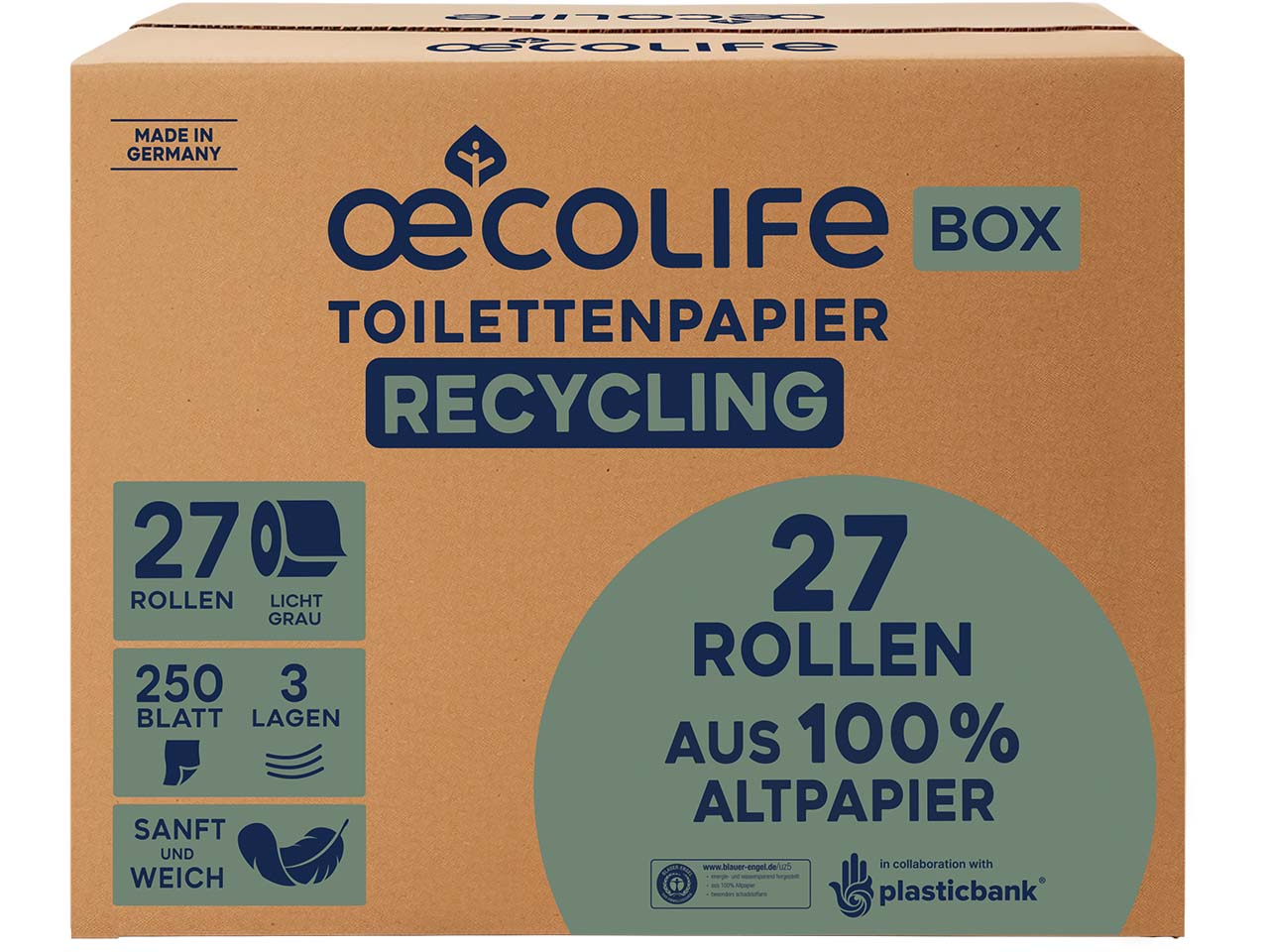 oecolife Toilettenpapier in der Box 'Recyling', 3-lagig, 27 Rollen