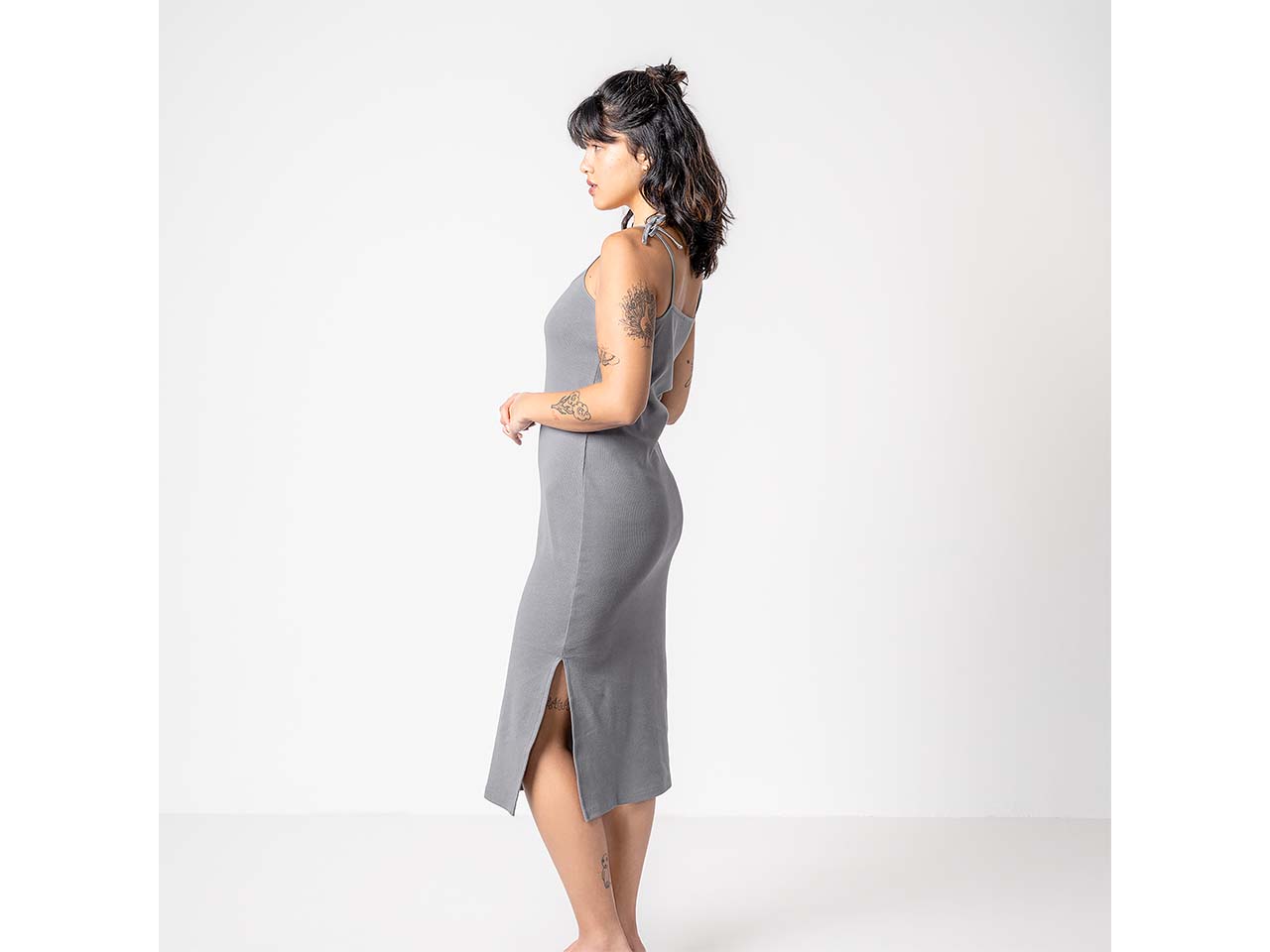 trueStory Bio-Damen-Midi-Kleid 'FRAYA' mit Bindeträgern, stone grey, Gr. S