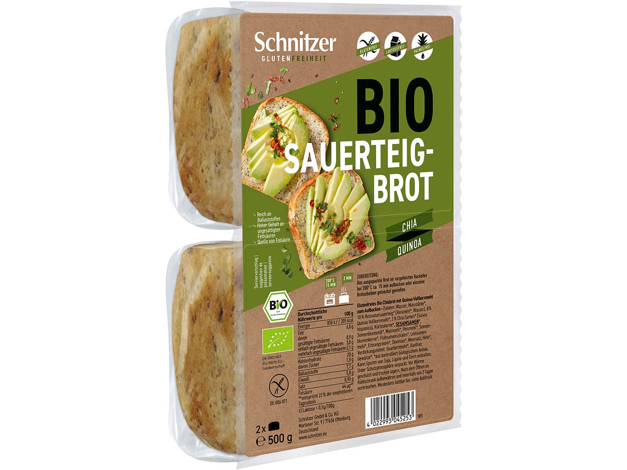Schnitzer Bio-Sauerteigbrot "Chia und Quinoa" zum Aufbacken, 2er-Pack, glutenfrei, 500 g