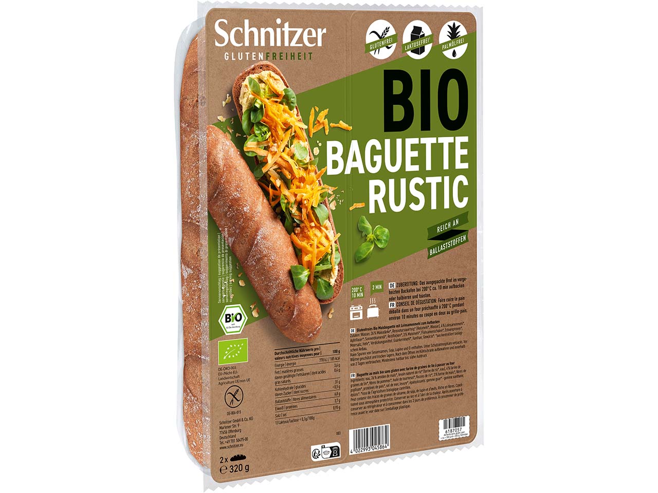 Schnitzer Bio-Baguette "Rustic" zum Aufbacken, 2er-Pack, glutenfrei, 320 g