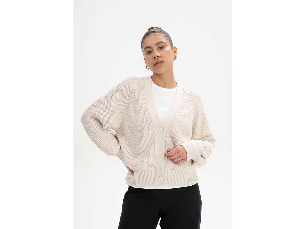 MELA Bio-Damen-Rippstrick-Cardigan 'BHUMA' mit Raglan-Ärmel, creme melange, Gr. S