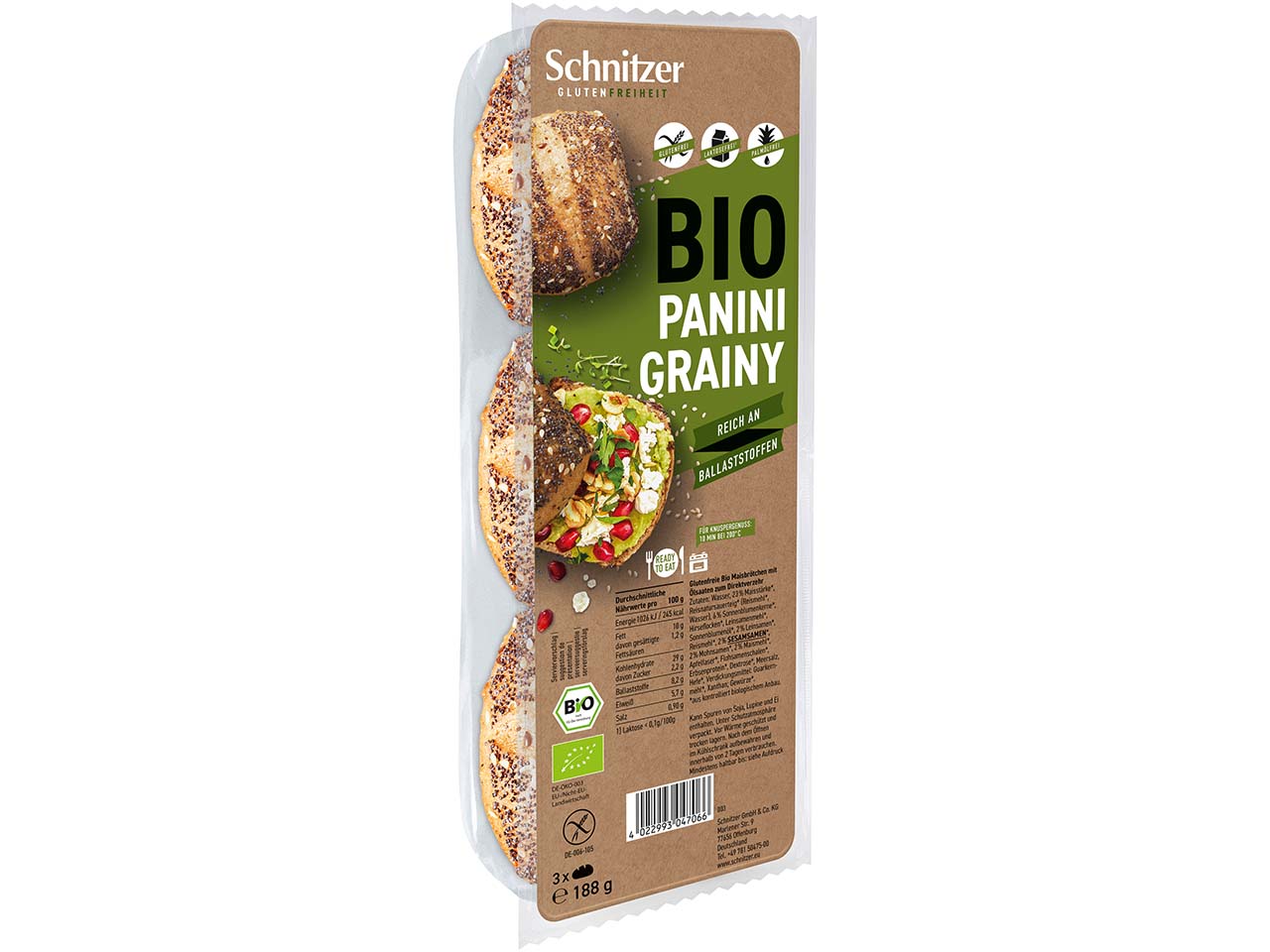 Schnitzer Bio-Brötchen "Panini Grainy", 3er-Pack, glutenfrei, 188 g