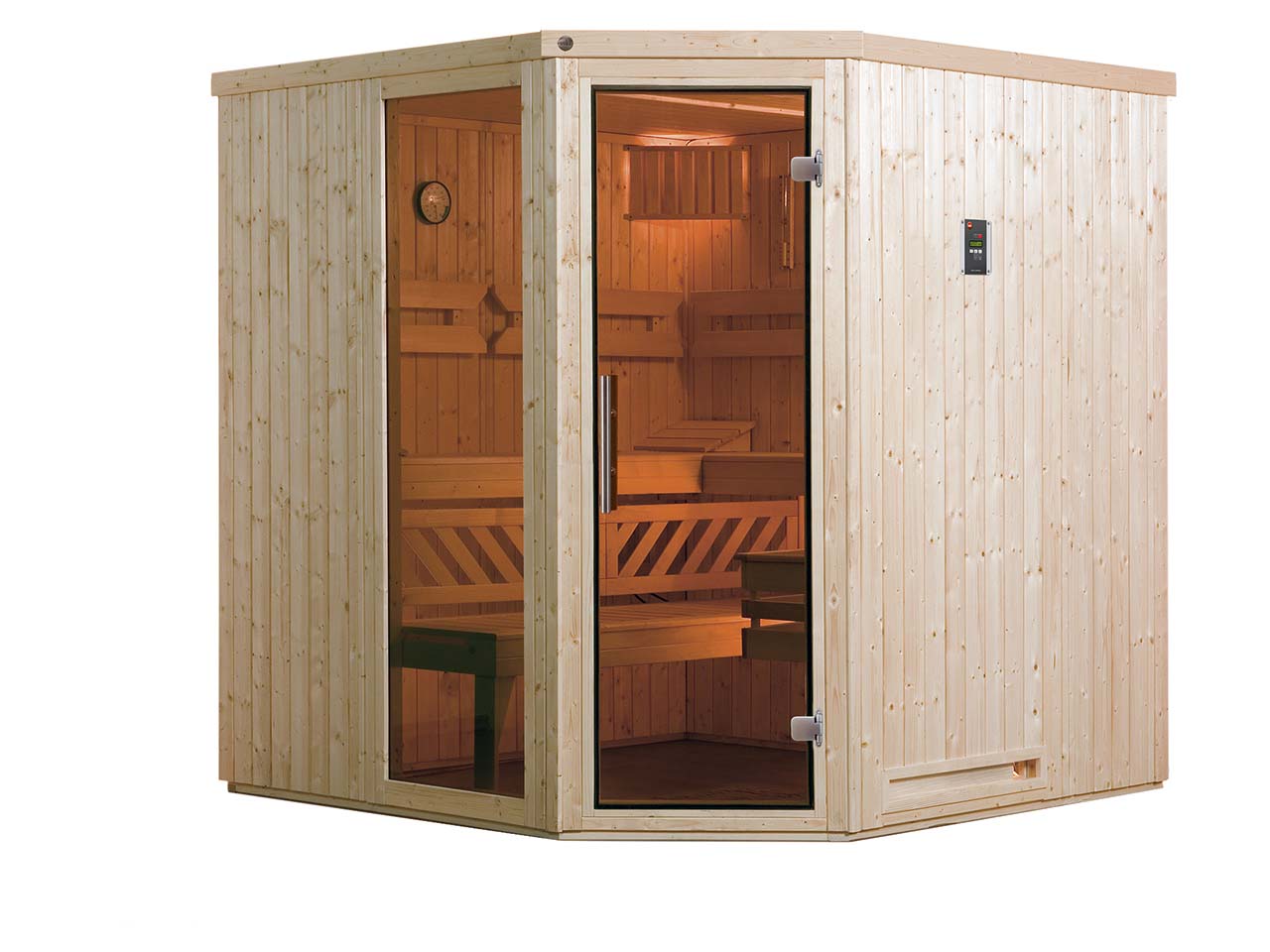 weka Elementsauna "Varberg 3" Glastür und Fenster, Leuchtenset, 7,5 kW Saunaofen "Klassik"