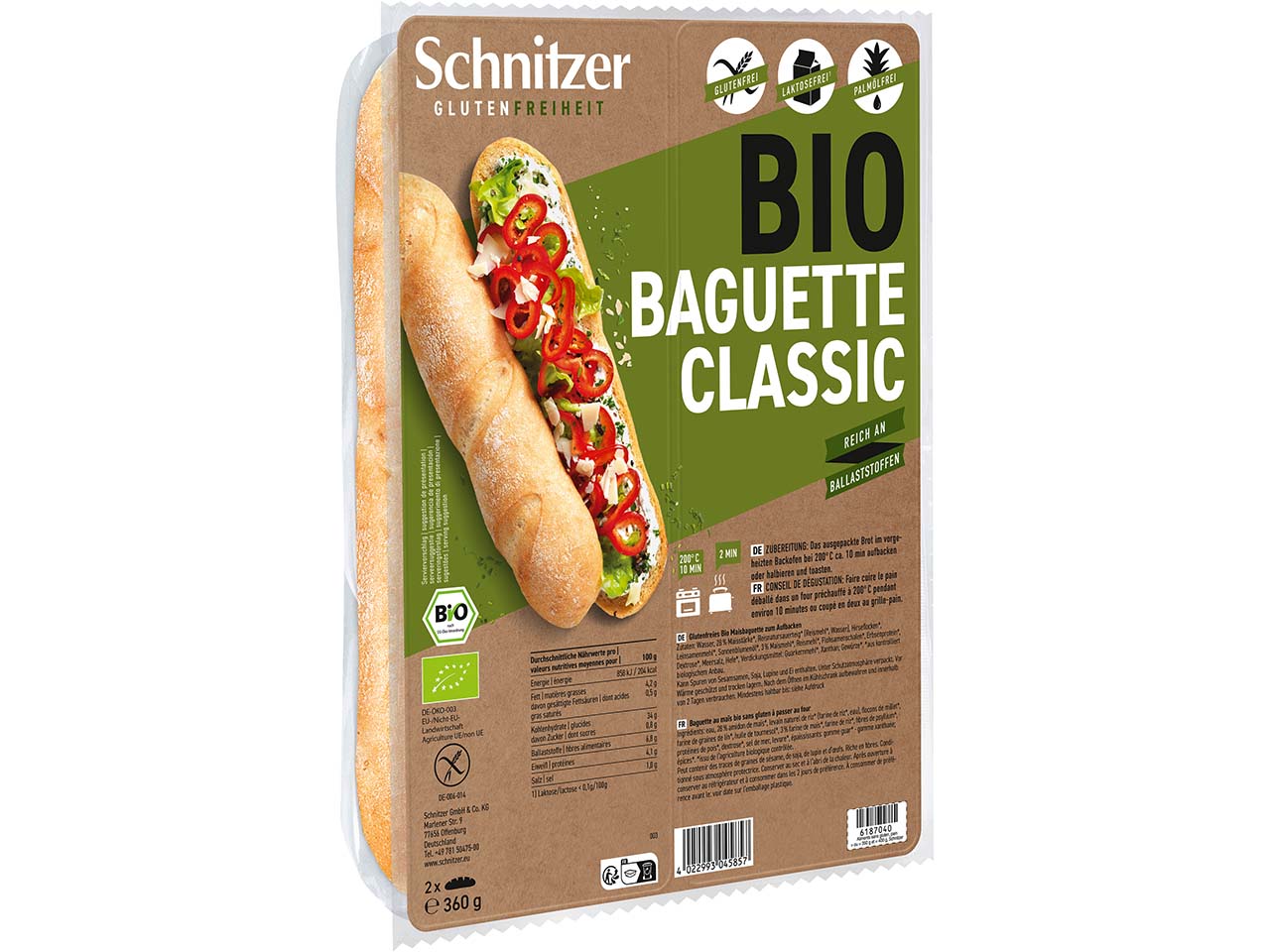Schnitzer Bio-Baguette "Classic" zum Aufbacken, 2er-Pack, glutenfrei, 360 g