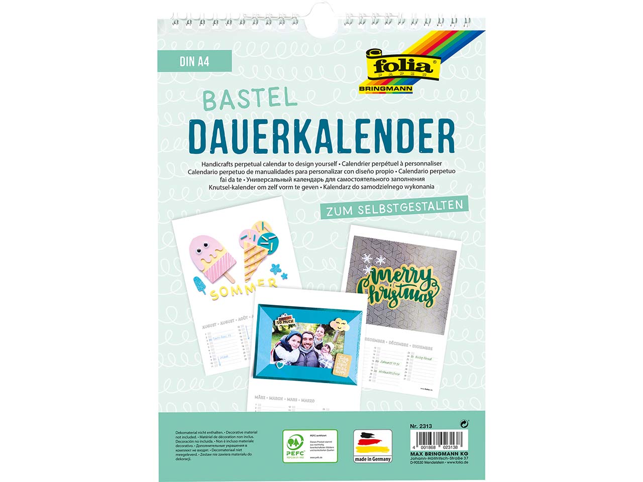 folia Dauerkalender mit Spiralbindung 130g/m², Papier weiß, Druck schwarz, DIN A4