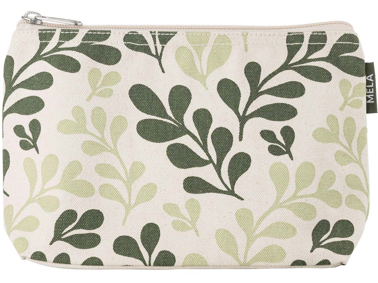 MELA Kosmetiktasche aus Bio-Baumwoll-Canvas 20 x 15 cm, greige/green leaf print